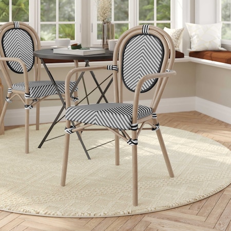 Flash Furniture Marseille Thonet French Bistro Stacking Chair w/Arms, Black/White Textilene/Bamboo Print Alum Frame SDA-AD642002A-TXT-BLKWH-LTNAT-GG